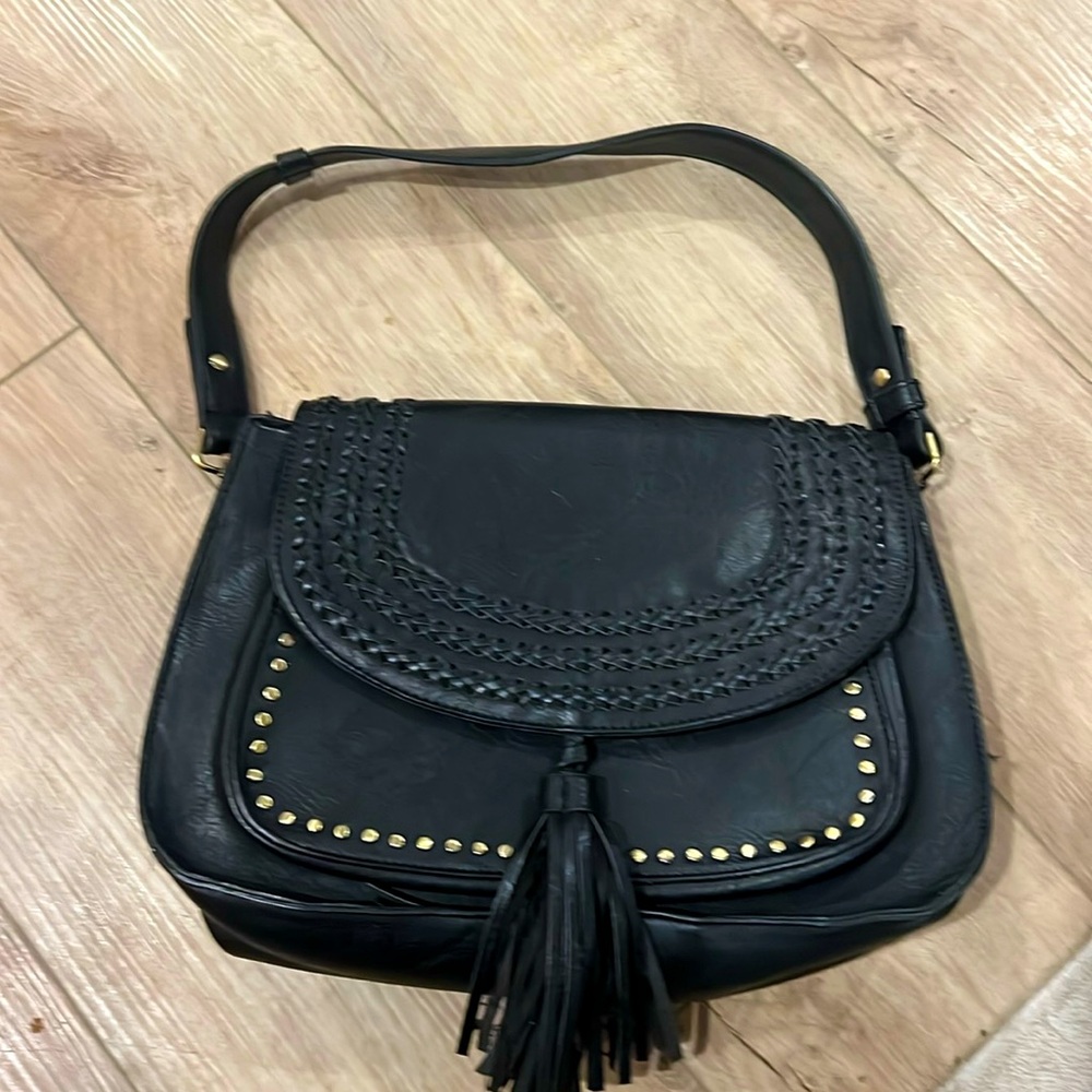 Antik Kraft Vegan Leather Black Studded Fringed Saddle Bag